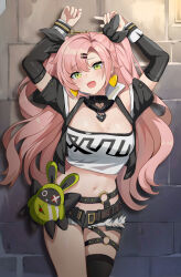 Rule 34 | 1girl, :d, absurdres, arms up, black jacket, black ribbon, black shorts, black thighhighs, breasts, cleavage, commentary request, cowboy shot, cuffs, cutoffs, fangai-anmian, green eyes, hair ribbon, handcuffs, head tilt, highres, jacket, large breasts, long hair, long sleeves, looking at viewer, midriff, navel, nicole demara, open clothes, open jacket, open mouth, pink hair, ribbon, short shorts, shorts, single thighhigh, smile, solo, standing, stomach, strapless, thighhighs, thighs, tube top, two side up, very long hair, zenless zone zero