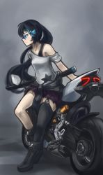 Rule 34 | 10s, 1girl, arceonn, black hair, black rock shooter, black rock shooter (character), blue eyes, blue hair, boots, breasts, casual, clothes around waist, ducati, garter straps, hair ornament, hairclip, highres, katana, long hair, matching hair/eyes, miniskirt, motor vehicle, motorcycle, multicolored hair, off shoulder, sheath, sheathed, single thighhigh, skirt, small breasts, solo, streaked hair, sweater, sweater around waist, sword, thighhighs, twintails, two-tone hair, uneven twintails, vehicle, weapon, zipper