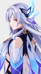 Rule 34 | 0610 kaori, 1girl, artist name, back fin, bare shoulders, breasts, butterfly hair ornament, closed mouth, detached sleeves, expressionless, fins, from side, genshin impact, grey hair, hair between eyes, hair ornament, highres, long hair, looking at viewer, looking back, medium breasts, pink eyes, simple background, skirk (genshin impact), solo, upper body, very long hair