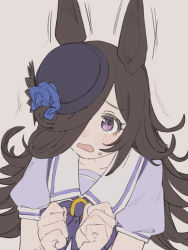 Rule 34 | 1girl, animal ears, black hair, black hat, blouse, blue flower, blue rose, blue shirt, blush, flower, grey background, hair over one eye, hands up, hat, hat flower, highres, horse ears, long hair, looking at viewer, open mouth, puffy short sleeves, puffy sleeves, purple eyes, purple shirt, rice shower (umamusume), rose, school uniform, shirt, short sleeves, simple background, solo, sweat, tenoo12, tilted headwear, tracen school uniform, umamusume, upper body