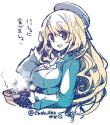 Rule 34 | 10s, 1girl, :d, artist name, ascot, atago (kancolle), black gloves, blonde hair, blush, bowl, food, gloves, green eyes, hat, i-19 (kancolle), kantai collection, long hair, long sleeves, looking at viewer, military, military uniform, open mouth, simple background, smile, solo, steam, translation request, uniform, upper body, white background, yuzuki gao