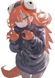 Rule 34 | 1girl, :&gt;, backpack, bag, brown legwear, claw pose, colored skin, cowboy shot, fingernails, goggles, goggles on head, grey jacket, hair between eyes, highres, hood, hooded jacket, jacket, lizard tail, looking at viewer, medium hair, megame (okbnkn), monster girl, orange hair, orange scales, orange skin, original, reptile girl, scales, sharp fingernails, solo, tail, white background, yellow eyes