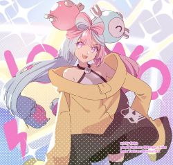 Rule 34 | 1girl, aqua hair, character hair ornament, character name, cowboy shot, creatures (company), game freak, goku-chan, hair ornament, hand on own hip, highres, iono (pokemon), jacket, lightning bolt symbol, long hair, long sleeves, multicolored hair, nintendo, open mouth, oversized clothes, pink eyes, pink hair, pokemon, pokemon sv, sharp teeth, solo, sparkle, star (symbol), teeth, twitter username, two-tone hair, yellow jacket
