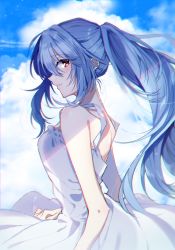 Rule 34 | 1girl, absurdres, alternate hair length, alternate hairstyle, ayanami rei, bad id, bad pixiv id, blue hair, blue sky, blush, cloud, day, dress, floating hair, from side, grin, hair between eyes, highres, long hair, looking at viewer, looking to the side, neon genesis evangelion, outdoors, ponytail, profile, red eyes, sky, sleeveless, sleeveless dress, smile, solo, sundress, very long hair, white dress, yoshio 296