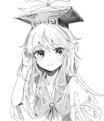 Rule 34 | 1girl, arm up, blush, closed mouth, crosshatching, greyscale, tucking hair, hand in own hair, hat, hatching (texture), highres, itomugi-kun, kamishirasawa keine, linear hatching, long hair, looking at viewer, monochrome, multicolored hair, neckerchief, puffy short sleeves, puffy sleeves, short sleeves, simple background, sketch, smile, solo, split mouth, straight-on, streaked hair, swept bangs, tokin hat, touhou, white background