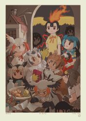 Rule 34 | 6+girls, absurdres, adelie penguin (kemono friends), apple, aqua hair, arms at sides, atlantic puffin (kemono friends), bird wings, black eyes, black hair, blonde hair, book, border, bottle, brown eyes, brown hair, chibi, closed mouth, eurasian eagle owl (kemono friends), feathers, fiery hair, fire, floating hair, food, fruit, gloves, glowing, grey hair, hand up, headphones, hi no tori, hi no tori (kemono friends), highres, holding, holding book, holding feather, holding food, inada roku, indoors, japanese crested ibis (kemono friends), japari bun, jitome, kemono friends, long hair, long sleeves, looking at another, looking at object, medium hair, multicolored hair, multiple girls, northern white-faced owl (kemono friends), open mouth, orange hair, paper, parted lips, passenger pigeon (kemono friends), peregrine falcon (kemono friends), red hair, red headwear, scarf, secretarybird (kemono friends), shirt, short sleeves, smile, superb bird-of-paradise (kemono friends), sweater vest, table, twitter username, vest, western parotia (kemono friends), white hair, wide sleeves, wings, writing
