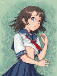 Rule 34 | 1girl, artist name, blue eyes, blue sailor collar, blue skirt, blush, breasts, brown hair, closed mouth, clothes lift, female focus, grass, green background, hand up, lying, navel, neckerchief, nose blush, on side, original, outdoors, pleated skirt, red neckerchief, sailor collar, school uniform, serafuku, shiny skin, shirt, shirt lift, short hair, short sleeves, signature, skirt, small breasts, solo, stomach, sweat, tears, underboob, white shirt, yzk