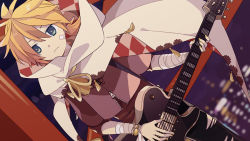 Rule 34 | 1boy, bandages, bandaged arm, bandages, bandaid, bandaid on face, blonde hair, blue eyes, bracelet, cape, capelet, checkered clothes, commentary request, dutch angle, electric guitar, expressionless, guitar, hair between eyes, instrument, jewelry, kagamine len, lights, male focus, night, night sky, pants, pearl bracelet, ponytail, short hair, short ponytail, sky, solo, star (symbol), tassel, torn clothes, torn pants, turtleneck, vocaloid, white cape, wind, yoshiki, zipper