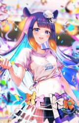 Rule 34 | 1girl, blunt bangs, confetti, hat, highres, hololive, hololive english, hololive idol uniform, hololive idol uniform (bright), long hair, looking at viewer, mini hat, mini top hat, mole, mole under eye, navel, ninomae ina&#039;nis, open mouth, pointy ears, purple eyes, purple hair, shirt, skirt, smile, sowon, tentacle hair, tentacles, tied shirt, top hat, virtual youtuber, white hat, white shirt