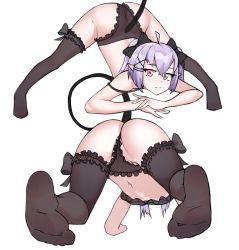 Rule 34 | 1girl, absurdres, ahoge, ass, black thighhighs, bra, closed mouth, commission, demon tail, fang, fang out, feet, female focus, flat chest, full body, hair ornament, hairclip, highres, jack-o&#039; challenge, kouy, looking at viewer, multiple views, original, pale skin, pointy ears, purple hair, red eyes, ribbon, rika roseingrave, soles, tail, thighhighs, underwear