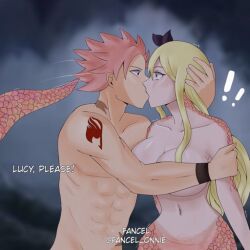 Rule 34 | 1boy, 1girl, breasts, cleavage, convenient arm, convenient censoring, fairy tail, kiss, lamia, large breasts, lucy heartfilia, monster girl, natsu dragneel, nude, pink hair, scales