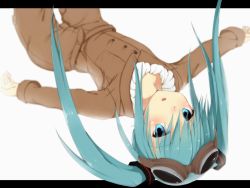 Rule 34 | 1girl, blush, female focus, flat chest, goggles, goggles on head, hatsune miku, letterboxed, long hair, looking at viewer, outside border, ratsuku kinoko, simple background, solo, twintails, upside-down, vocaloid, white background