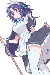 Rule 34 | 1girl, absurdres, alternate costume, apron, black dress, blue archive, blush, breasts, dress, enmaided, feet out of frame, halo, highres, holding, maid, maid headdress, medium breasts, parted bangs, ponytail, puffy short sleeves, puffy sleeves, purple hair, short sleeves, simple background, smile, solo, sutora binsuke, thighhighs, white apron, white background, white thighhighs, wristband, yuuka (blue archive)
