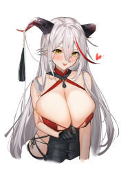 Rule 34 | 1girl, :p, absurdres, aegir (azur lane), aegir (golden dragon among auspicious clouds) (azur lane), azur lane, bare shoulders, bodystocking, breasts, cleavage, covered navel, criss-cross halter, cropped torso, cross, demon horns, gloves, hair between eyes, halterneck, highres, horns, huge breasts, long hair, looking at viewer, marumai, multicolored hair, red hair, solo, streaked hair, tongue, tongue out, two-tone hair, very long hair, white background, white hair, yellow eyes