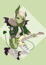 Rule 34 | 1girl, blunt bangs, boots, closed mouth, cross, cross earrings, demon girl, demon horns, demon tail, demon wings, diagonal bangs, earrings, flying, full body, fur trim, green background, green eyes, grey hair, guitar, high heel boots, high heels, highres, holding, holding instrument, horns, instrument, jacket, jewelry, looking at viewer, original, pants, personification, samei ikusa, shirt, solo, tail, torn clothes, torn pants, wings