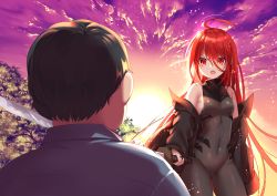 Rule 34 | 1girl, absurdres, ahoge, bad id, bad pixiv id, bodysuit, breasts, coat, covered navel, facing viewer, hair between eyes, highres, holding, holding sword, holding weapon, long hair, mvv, off-shoulder coat, off shoulder, open clothes, open coat, outdoors, red eyes, red hair, shakugan no shana, shana, skin tight, small breasts, sunset, sword, thigh gap, weapon