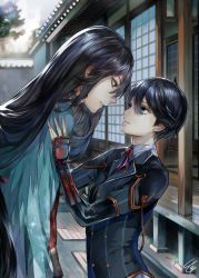 Rule 34 | 10s, 2boys, architecture, bishounen, black hair, blue eyes, buttons, double-breasted, earrings, east asian architecture, eye contact, highres, horikawa kunihiro, izumi-no-kami kanesada, japanese clothes, jewelry, looking at another, male focus, multiple boys, smile, stud earrings, tcb, touken ranbu