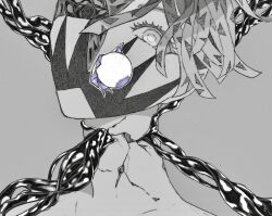 Rule 34 | 1other, angry, blue eyes, cracked skin, eye socket, eyeball, floating hair, hair between eyes, hole in face, houseki no kuni, liquid, looking at viewer, monochrome, mt5 014, one-eyed, other focus, phosphophyllite, phosphophyllite (ll), portrait, short hair, simple background, solo, spoilers, spot color