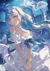 Rule 34 | 1girl, ahoge, aqua bow, arm cuffs, backlighting, blue bow, blue bowtie, blue eyes, blush, bow, bowtie, bracelet, breasts, bubble, cleavage, commentary request, cowboy shot, criss-cross halter, dress, frown, hair bow, halterneck, highres, horns, jellyfish, jewelry, looking at viewer, medium breasts, miakiuehashi, original, ruins, single horn, solo, underwater, white dress, white hair