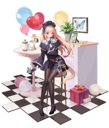 Rule 34 | 1girl, absurdres, animal ears, balloon, belt, black capelet, black dress, black footwear, black gloves, black headdress, box, brown hair, brown thighhighs, bug, butterfly, butterfly on hand, candy, capelet, cat ears, cat tail, charm (object), checkered floor, cup, drawer, dress, final fantasy, final fantasy xiv, finger to own chin, food, full body, gift, gift box, gloves, heart balloon, high heels, highres, insect, jewelry, key, korpokkur (final fantasy), light smile, long bangs, long hair, looking at viewer, macaron, miqo&#039;te, necklace, open mouth, pantyhose, photo (object), picture frame, plant, pleated skirt, potted plant, red eyes, simple background, sitting, skirt, solo, stool, tail, teacup, teapot, thighhighs, tokiha reimu, turtleneck capelet, warrior of light (ff14), wide sleeves, wrapped candy
