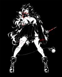 Rule 34 | 1girl, absurdres, andyface, anntan (vtuber), black background, black bra, black eyes, blood, blood on clothes, blood on face, blood on leg, bloody weapon, boots, bra, breasts, capelet, cleavage, fangs, hair behind ear, heterochromia, highres, holding, holding knife, indie virtual youtuber, knife, large breasts, long hair, monochrome, pointy ears, red eyes, skirt, solo, spot color, thighhighs, torn clothes, torn thighhighs, underwear, very long hair, virtual youtuber, weapon