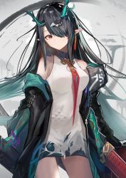 Rule 34 | 1girl, arknights, bare shoulders, black coat, black hair, bracelet, breasts, closed mouth, coat, colored skin, cowboy shot, dragon horns, dress, dusk (arknights), earrings, expressionless, green hair, green skin, grey background, hair over one eye, head tilt, highres, holding, holding sword, holding weapon, horns, jewelry, long hair, long sleeves, looking at viewer, medium breasts, multicolored hair, necktie, nokke o, off shoulder, open clothes, open coat, pointy ears, red eyes, red necktie, sheath, short dress, solo, streaked hair, sword, two-tone hair, unsheathed, very long hair, weapon, white dress