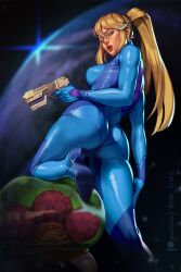 Rule 34 | 1girl, aqua eyes, ass, blue bodysuit, blurry, blurry background, bodysuit, breasts, commentary, english commentary, finger on trigger, foot out of frame, from behind, from below, gun, hand on own thigh, handgun, high heels, high ponytail, holding, holding gun, holding weapon, long hair, looking at viewer, looking back, medium breasts, metroid, metroid (creature), mole, mole under mouth, nintendo, on one knee, open mouth, paralyzer, patreon username, planet, ponytail, rim jims, samus aran, skin tight, solo, space, standing, standing on one leg, weapon, zero suit
