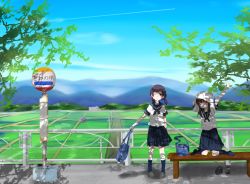 Rule 34 | 1girl, 2girls, arms up, black hair, bus stop, closed eyes, field, kneeling, multiple girls, off shoes, outstretched arms, sachou, school uniform, serafuku, skirt, twintails, wink