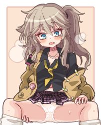 Rule 34 | 1girl, black shirt, blue eyes, blush, brown background, brown cardigan, brown hair, cardigan, collarbone, collared shirt, commentary request, dress shirt, fang, feet out of frame, hair between eyes, kasukabe tsumugi, kneehighs, long hair, long sleeves, loose socks, navel, off shoulder, one side up, open cardigan, open clothes, open mouth, panties, plaid, plaid skirt, pleated skirt, purple skirt, school uniform, shirt, sitting, skirt, sleeves past wrists, socks, solo, spread legs, two-tone background, underwear, voicevox, wacho (nanto wachou ken), white background, white panties, white socks