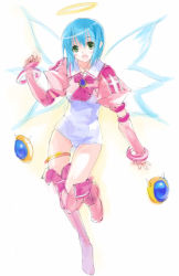 Rule 34 | 1girl, :d, angel, blue hair, blush, bob cut, boots, bracelet, cross, djibril (makai tenshi djibril), elbow gloves, fingerless gloves, flapper shirt, full body, gem, gloves, glowing, green eyes, halo, jewelry, leg lift, looking at viewer, magical girl, makai tenshi djibril, manabe rika, necktie, one-piece swimsuit, open mouth, pink footwear, pink thighhighs, sailor collar, school swimsuit, shirt, short hair, sidelocks, sketch, smile, solo, spikes, standing, standing on one leg, swimsuit, swimsuit costume, swimsuit under clothes, thigh boots, thigh gap, thigh strap, thighhighs, thighs, white one-piece swimsuit, white school swimsuit, wings