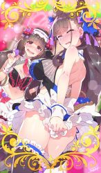 Rule 34 | 2girls, artist name, ass, back, bare shoulders, black hair, black legwear, blue bow, blunt bangs, blush, bow, breasts, brown hair, cleavage, cleavage cutout, closed eyes, clothing cutout, cone hair bun, craft essence (fate), double bun, embarrassed, fate/grand order, fate (series), full-face blush, hair bow, hair bun, hair ornament, hair ribbon, hairband, heart, highres, large breasts, long hair, looking at viewer, low twintails, midriff, multiple girls, murasaki shikibu (fate), navel, open mouth, osakabehime (fate), purple eyes, purple ribbon, red bow, redrop, ribbon, signature, skirt, smile, sparkle, sweat, thighhighs, thighs, twintails, very long hair, white skirt, wrist cuffs