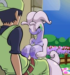 Rule 34 | 1boy, 1girl, animated, animated gif, belt, between breasts, blue hair, breasts, cloud, creatures (company), day, dragon, fence, flash, furry, game freak, gen 6 pokemon, goodra, grass, green eyes, hat, hetero, house, interspecies, kneeling, large breasts, nintendo, nipples, npc trainer, outdoors, overalls, paizuri, pants, penis, pokemon, pokemon (creature), pokemon breeder (pokemon), retro parasite, road, sex, sitting, sky, slime, smile, spikeshi, sun, tongue, uncensored, wide hips