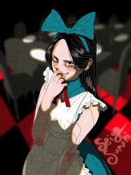 Rule 34 | 1girl, absurdres, apron, black hair, blue dress, blue eyes, blue hair ribbon, bow, bowtie, chair, covering mouth, covering own mouth, dishes, dress, evil grin, evil smile, fine art parody, grin, hand over own mouth, highres, long hair, looking at viewer, nihonga, original, parody, parted bangs, red bow, red bowtie, sei5osuzuki, signature, sleeveless, sleeveless dress, smile, table, upper body, white apron
