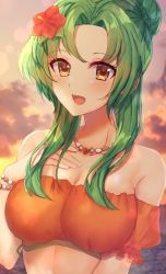 Rule 34 | 1girl, :d, bare shoulders, bead bracelet, bead necklace, beads, bikini, bracelet, cloud, edamameoka, elincia ridell crimea, fire emblem, fire emblem: radiant dawn, fire emblem heroes, flower, green hair, hair flower, hair ornament, hand on own chest, highres, jewelry, long hair, looking at viewer, necklace, nintendo, off-shoulder bikini, off shoulder, official alternate costume, open mouth, orange bikini, outdoors, puffy short sleeves, puffy sleeves, red flower, short sleeves, smile, solo, stomach, sunset, swimsuit, upper body, yellow eyes