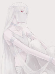 Rule 34 | 1girl, accelerator (toaru majutsu no index), albino, arabian clothes, armlet, baggy pants, bare arms, bare shoulders, choker, collarbone, colored eyelashes, crop top, dancer, expressionless, feet out of frame, from side, genderswap, genderswap (mtf), harem outfit, harem pants, highres, hugging own legs, limited palette, midriff, mouth veil, pale skin, pants, pixie cut, r l bear, red eyes, see-through, shirt, sidelocks, sitting, suzushina yuriko, toaru majutsu no index, veil, white background, white choker, white hair, white pants, white shirt, white theme, white veil