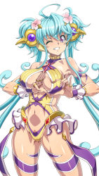 Rule 34 | 1girl, ahoge, blue hair, breasts, cagliostro (symphogear), cameltoe, cleavage, clothing cutout, heart, heart-shaped boob challenge, heart hands, highres, large breasts, long hair, looking at viewer, navel, navel cutout, one-piece swimsuit, one eye closed, purple eyes, senki zesshou symphogear, shiny skin, simple background, smile, solo, standing, swimsuit, syunzou, teeth, thighlet, very long hair, white background