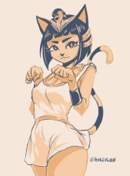 Rule 34 | 1girl, :3, animal crossing, animal ears, ankha (animal crossing), artist name, ashleyloob, blue eyes, blue hair, blunt bangs, bob cut, breasts, bright pupils, cat ears, cat girl, cat tail, clenched hands, closed mouth, commentary, covered erect nipples, cowboy shot, dress, egyptian, english commentary, eyebrows, furry, furry female, hair ornament, highres, looking at viewer, nintendo, paw pose, short dress, short hair, signature, simple background, smile, snake hair ornament, solo, striped tail, tail, thick eyebrows, twitter username, usekh collar