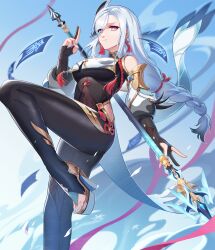 Rule 34 | 1girl, black bodysuit, black gloves, blue nails, bodysuit, braid, breast curtain, breasts, bright pupils, calamity queller (genshin impact), clothing cutout, covered navel, earrings, elbow gloves, genshin impact, gloves, hair ornament, hair over one eye, high heels, highres, ice crystal, jewelry, kuji-in, large breasts, leg up, long hair, looking at viewer, low-braided long hair, low-tied long hair, multicolored eyes, parted lips, partially fingerless gloves, polearm, shenhe (genshin impact), shoulder cutout, skin tight, solo, spear, talisman, tassel, tassel earrings, thigh cutout, thighs, tingyu (490101957), toeless footwear, weapon, white pupils