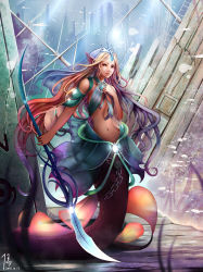 Rule 34 | 1girl, absurdres, blonde hair, breasts, chain belt, dated, diandianzai, expressionless, fins, gem, glowing, guan dao, hand on own chest, head fins, headdress, highres, lips, long hair, looking at viewer, mermaid, monster girl, nose, original, polearm, red eyes, ruins, sideboob, signature, solo, underboob, very long hair, weapon