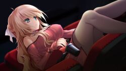 Rule 34 | 1girl, ahoge, black background, blonde hair, bow, braid, breasts, closed mouth, covered erect nipples, dutch angle, from below, game cg, green eyes, hair between eyes, hair bow, hair ribbon, highres, hirohashi runa, ichizu na kanojo to koi shitai, large breasts, long hair, long sleeves, miniskirt, movie theater, off-shoulder sweater, off shoulder, pantyhose, pink skirt, red sweater, ribbon, sitting, skirt, sleeves past wrists, solo, sweater, tsukimori hiro, very long hair, white bow, white ribbon