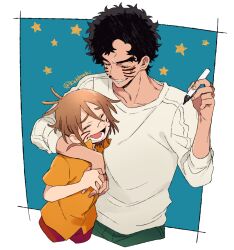 Rule 34 | 2boys, age difference, arm around shoulder, black hair, brown hair, closed eyes, drawing on another&#039;s face, facial mark, green pants, grin, hand grab, holding hands, joe (megalo box), kakkoaki, laughing, lower teeth only, male focus, marker, megalo box, multiple boys, multiple scars, open mouth, pants, pink shorts, sachio (megalo box), scar, shirt, short hair, shorts, simple background, smile, star (symbol), starry background, teeth, third-party source, twitter username, whisker markings, white shirt, yellow shirt