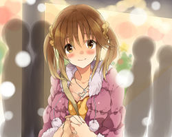Rule 34 | 10s, 1girl, bad id, bad pixiv id, blush, breasts, brown eyes, brown hair, casual, cleavage, coat, fur coat, heart, heart necklace, holding hands, idolmaster, idolmaster cinderella girls, jewelry, konno seara, large breasts, necklace, pov, short twintails, smile, snowing, solo focus, totoki airi, twintails