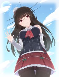 Rule 34 | 1girl, alternate costume, anchor, arm behind back, bare shoulders, black hair, black pantyhose, blue sky, breasts, choukai (kancolle), cloud, cosplay, day, detached sleeves, frilled sleeves, frills, from below, glasses, hair ornament, headgear, heart, heart-shaped pupils, highres, kantai collection, large breasts, long hair, long sleeves, looking at viewer, miniskirt, panties, panties under pantyhose, pantyhose, red eyes, rimless eyewear, salute, skirt, sky, smile, solo, symbol-shaped pupils, underwear, yukichi (sukiyaki39), zara (kancolle), zara (kancolle) (cosplay), | |