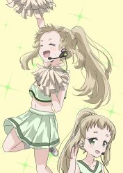 Rule 34 | 1girl, alternate costume, arm up, blonde hair, blush, cheering, cheerleader, closed eyes, collarbone, dot nose, female focus, green eyes, hand in own hair, headset, highres, inose mai, koisuru asteroid, long hair, looking at viewer, microphone, navel, open mouth, pom pom (cheerleading), ponytail, qb (qb46311027), shoes, skirt, socks, solo, standing, standing on one leg, sweatdrop, upper body