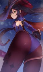 Rule 34 | 1girl, artist request, ass, black pantyhose, blush, breasts, cape, detached sleeves, food, from behind, from below, fruit, genshin impact, gloves, green eyes, hair ornament, half-closed eyes, hat, highres, huge ass, leotard, long hair, looking at viewer, looking back, medium breasts, mona (genshin impact), pantyhose, purple hair, shiny clothes, sideboob, smile, solo, thighlet, twintails, very long hair