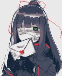 Rule 34 | 1girl, black gloves, black hair, black jacket, envelope, gloves, green pupils, hair ribbon, half updo, hands up, heart, heart-shaped pupils, highres, holding, holding envelope, jacket, library of ruina, long hair, looking at viewer, madotsuki ren, project moon, red ribbon, ribbon, sidelocks, simple background, solo, symbol-shaped pupils, tenma (project moon), upper body, very long hair, white background