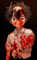 Rule 34 | 1boy, black background, black eyes, black hair, blood, blood on arm, blood on clothes, blood on face, blood on hands, collared shirt, hair strand, highres, horns, looking at viewer, male focus, original, reaching, reaching towards viewer, shinagire (sinanohaka), shirt, simple background, straight-on, upper body, white shirt