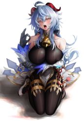 Rule 34 | 1girl, absurdres, ahoge, bare shoulders, bell, blue hair, bodystocking, breasts, detached sleeves, fang, fellatio gesture, full body, ganyu (genshin impact), genshin impact, gloves, hair between eyes, high heels, highres, horns, kneeling, large breasts, looking at viewer, neck bell, nompang, open mouth, simple background, solo, teeth, tongue, tongue out, white background