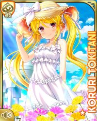 Rule 34 | 1girl, bare shoulders, blonde hair, bow, brown headwear, card (medium), closed mouth, day, dress, earrings, flower, girlfriend (kari), hair ribbon, jewelry, long hair, looking at viewer, official art, outdoors, pink flower, qp:flapper, ribbon, smile, solo, tokitani koruri, twintails, white bow, white dress, wicker hat, yellow flower