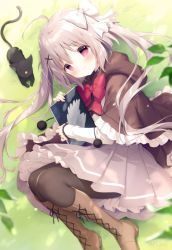 Rule 34 | 1girl, ahoge, animal, black cat, blush, boots, bow, brown capelet, brown footwear, brown pantyhose, capelet, cat, closed mouth, commentary request, cross-laced footwear, frilled capelet, frills, grey hair, grey skirt, hair between eyes, hair bow, hair ornament, highres, holding, hood, hood down, hooded capelet, lace-up boots, long hair, long sleeves, lying, on grass, on side, original, pantyhose, pleated skirt, red bow, red eyes, shiratama (shiratamaco), shirt, skirt, sleeves past wrists, smile, solo, twintails, very long hair, white bow, white shirt, x hair ornament